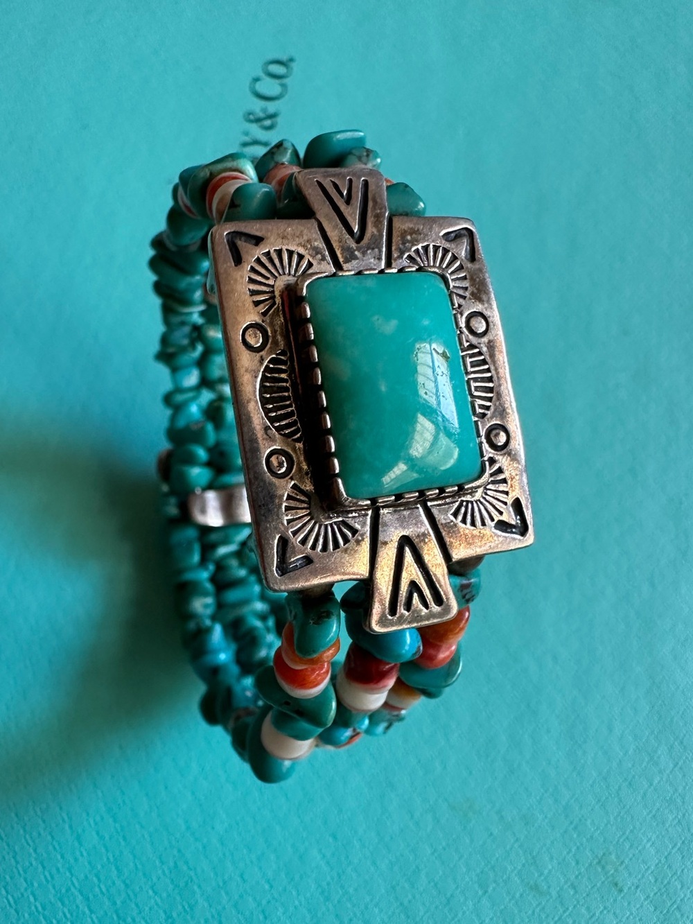 Vintage Native American Sterling Turquoise Bead Chunk Coil Bracelet